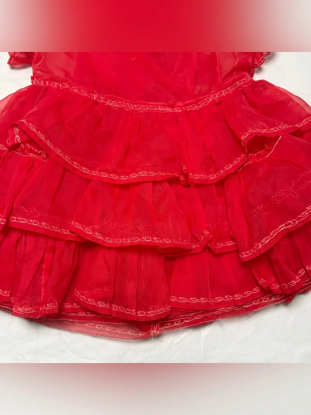 Vintage Handmade Baby Girls Red Tiered Ruffle Dress Tulle White Stitching  There